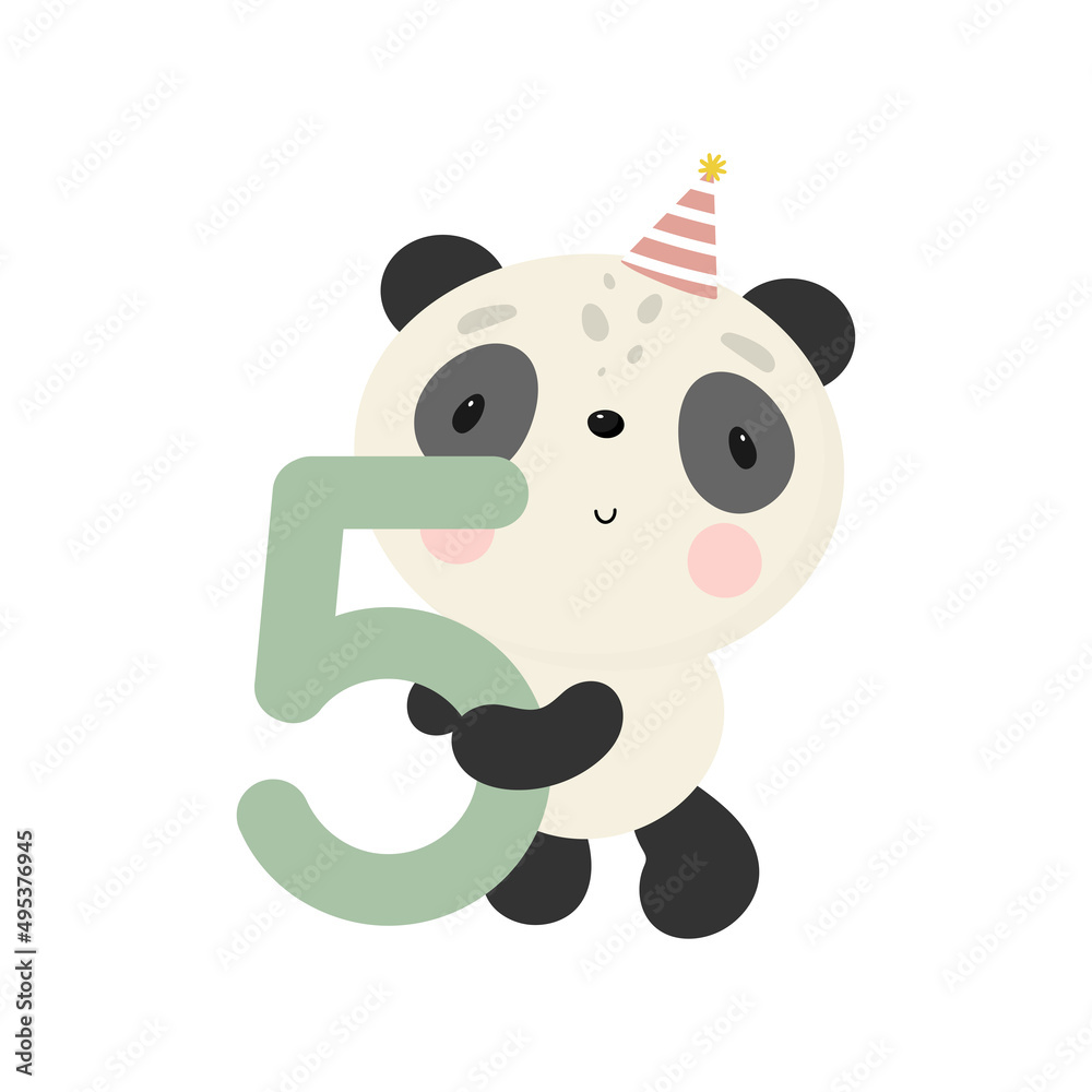 Birthday Party, Greeting Card, Party Invitation. Kids illustration with Cute Panda and and the number five. Vector illustration in cartoon style. Birthday Party, Greeting Card, Party Invitation. Kids illustration with Cute Panda and and the number five. Vector illustration in cartoon style.