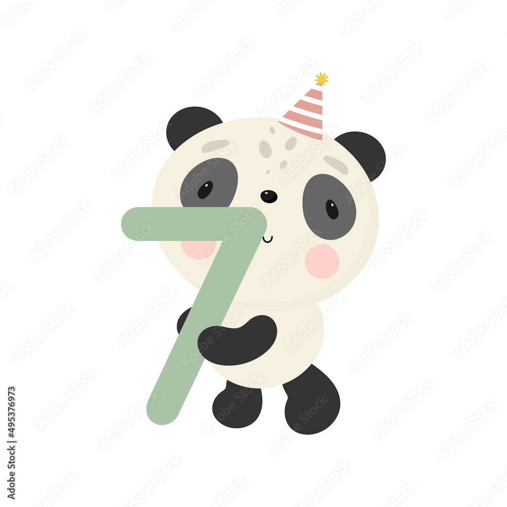 Fototapeta premium Birthday Party, Greeting Card, Party Invitation. Kids illustration with Cute Panda and and the number seven. Vector illustration in cartoon style.