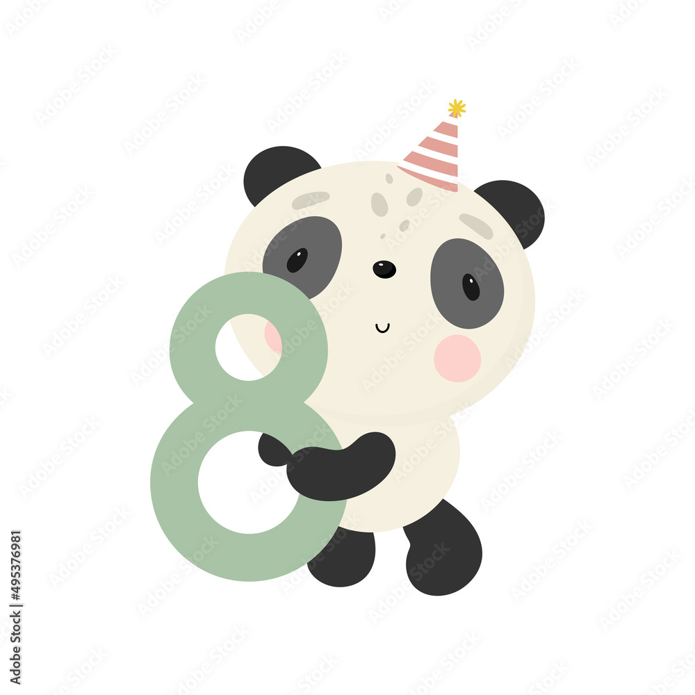 Birthday Party, Greeting Card, Party Invitation. Kids illustration with Cute Panda and and the number eight. Vector illustration in cartoon style. Birthday Party, Greeting Card, Party Invitation. Kids illustration with Cute Panda and and the number eight. Vector illustration in cartoon style.