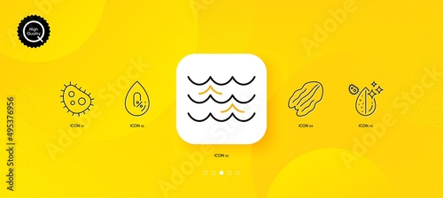 Pecan nut, Bacteria and Waves minimal line icons. Yellow abstract background. No alcohol, Dirty water icons. For web, application, printing. Vegetarian food, Antibacterial, Water wave. Vector