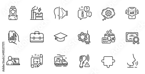 Outline set of Analysis app, Hospital nurse and Graduation cap line icons for web application. Talk, information, delivery truck outline icon. Vector