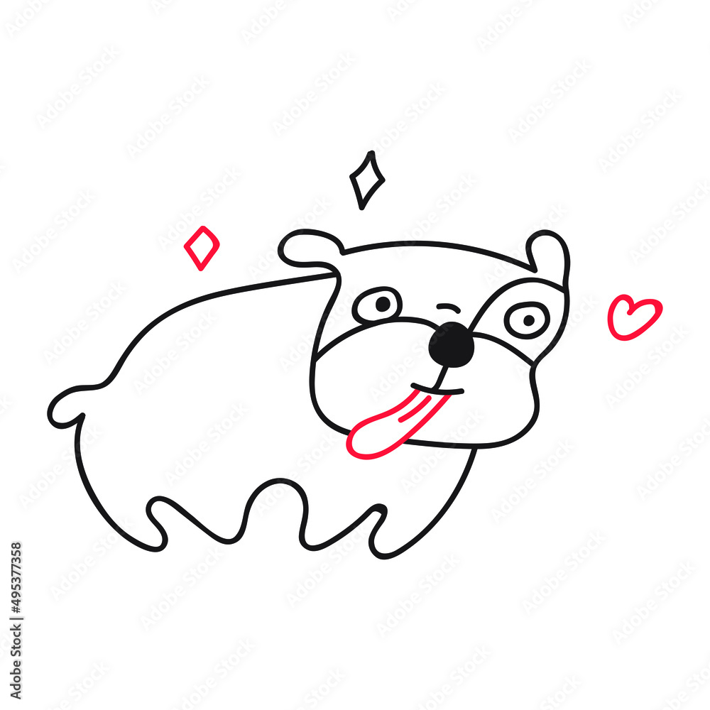 Bulldog and little red heart. Outline vector illustration. Bulldog and little red heart. Outline vector illustration.