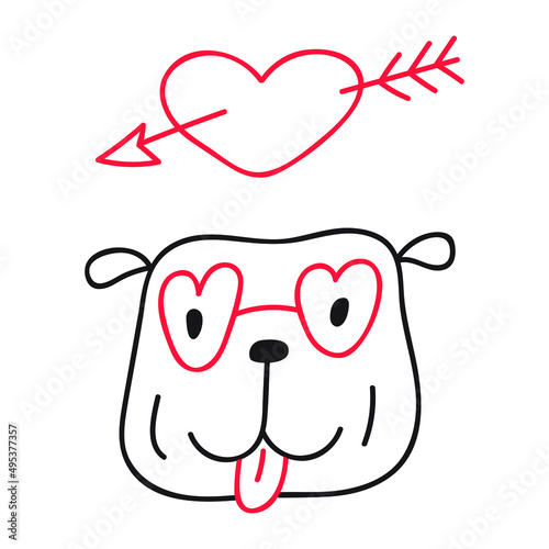 Bulldog fall in love. Valentine's dat concept. Outline vector illustration.