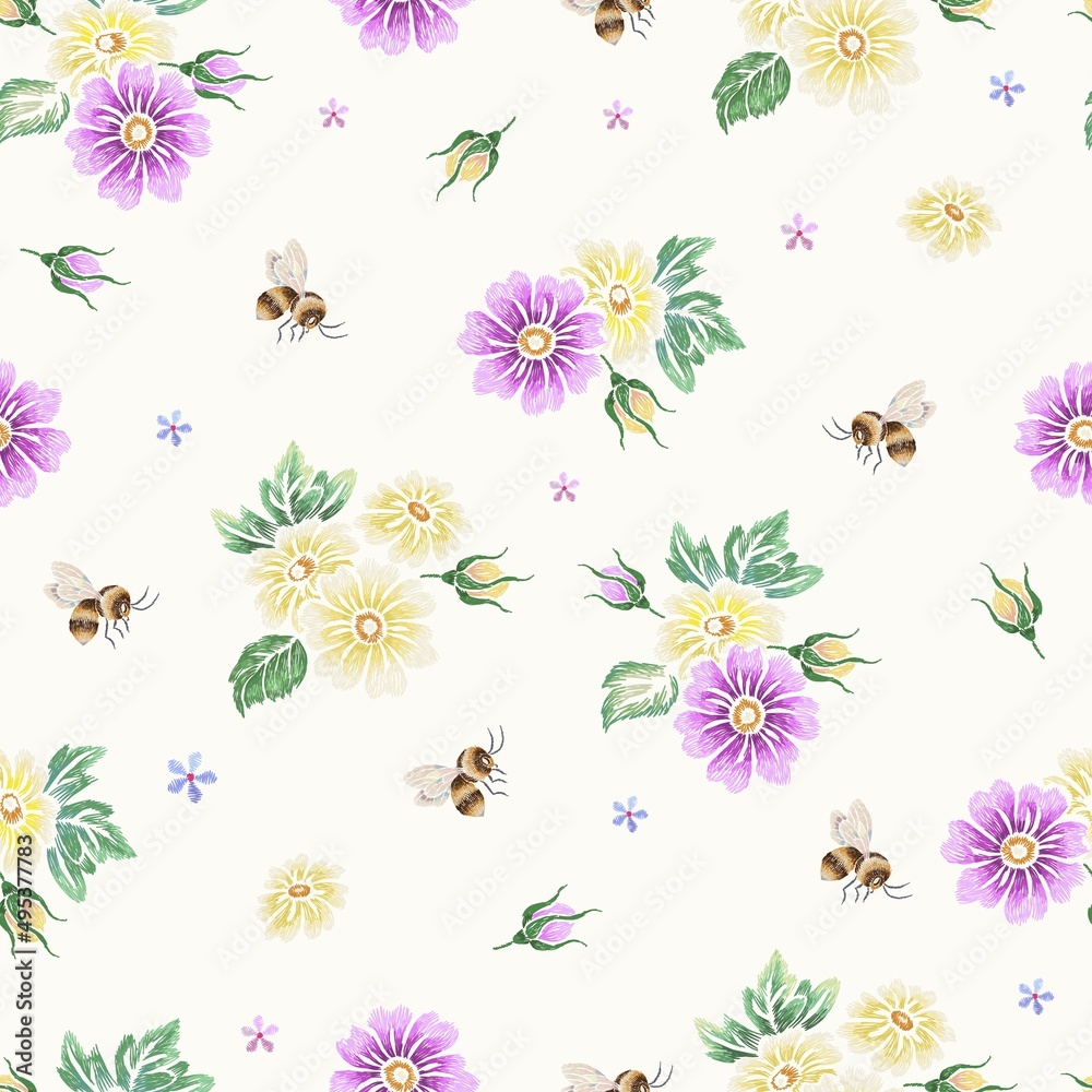 Bee seamless pattern. Embroidery daisy and bees, flying insects. Bedding silk stitch print, floral garden and botanical design, nowaday vector background