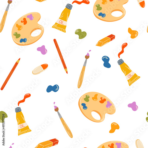Art supplies seamless pattern. Palette with paints, tube of paint and brush. Subjects for drawing, creativity, hobbies and schools. Textile, studio decoration, workshop appearance. Vector illustration