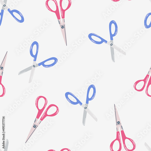 Scissors seamless pattern. School supplies. Perfect for hobbies, needlework, study and crafts. Sewing background and cloth design. Vector hand draw cartoon illustration.