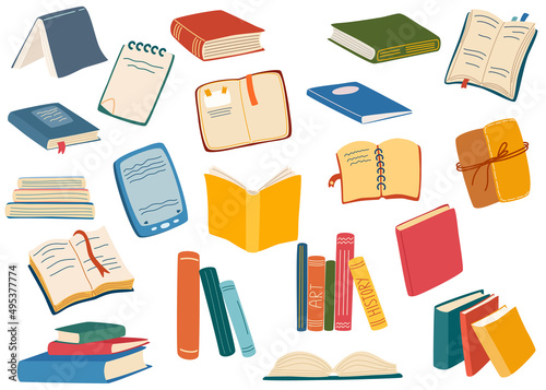 Stacks of books for reading. Different books collection. Set of literature, dictionaries, encyclopedias, planners with bookmarks. pile of textbooks for education. Open and closed books. Vector