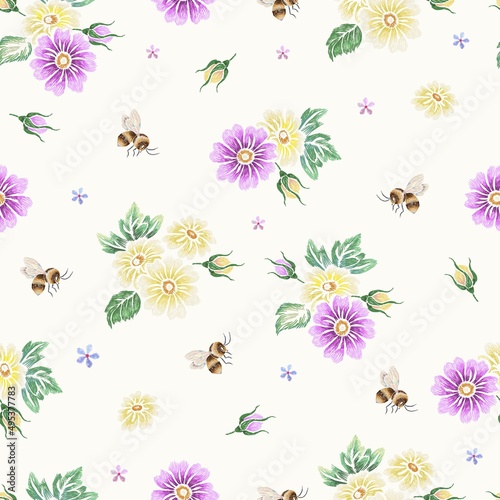 Bee seamless pattern. Embroidery daisy and bees, flying insects. Bedding silk stitch print, floral garden and botanical design, nowaday vector background
