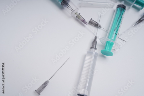 medical disposable injection syringe on a white background