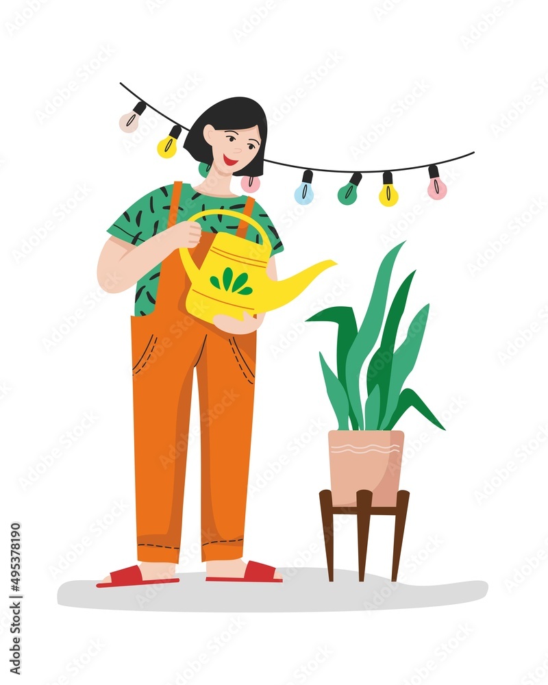 Girl with a watering can is watering flowers on the balcony isolated on white. Women's hobby. Balcony gardening. Concept of caring for plants in home. Vegetable garden in the city. Vector illustration Girl with a watering can is watering flowers on the balcony isolated on white. Women's hobby. Balcony gardening. Concept of caring for plants in home. Vegetable garden in the city. Vector illustration