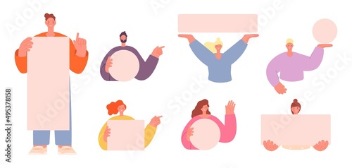 People pointing on something. Woman man holding banners, happy person with blank placard point fingers or hands, vector characters