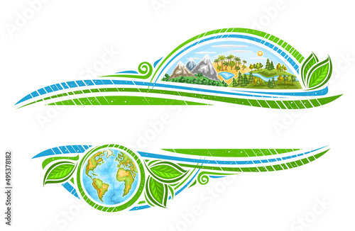 Vector border for Earth Day Holiday with copyspace for greeting text, decorative frame with illustration of mountainous area, africa palm trees, woodland with river on sky background and cartoon earth