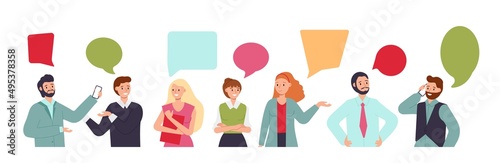 Office people talking. Conversation chatting person, meeting negotiation management. Collectivity interview, decent businessman speaks vector concept