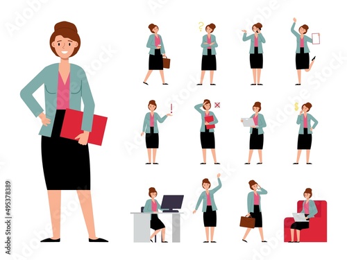 Office business woman character. Female manager working, talk phone and thinking. Girl doubt and find problem solution. Decent hr or boss vector person