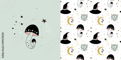 Magic mushroom print and seamless pattern. Boho esoteric and celestial print, witch isolated objects. Hand drawn doodle magician textile. Hat, moon and skull elements. Wallpaper and fabric, vector set