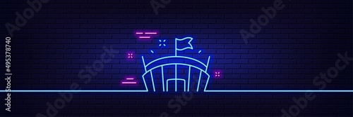 Neon light glow effect. Sports stadium line icon. Arena with flag sign. Sport complex symbol. 3d line neon glow icon. Brick wall banner. Arena outline. Vector