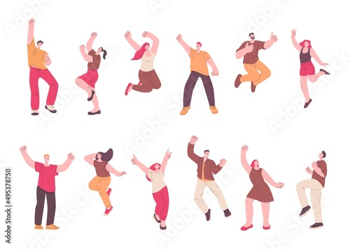 Happy jumping characters. Office women cheers, successful youth celebrating. People freedom, teens or students clipart. Active excited kicky vector person