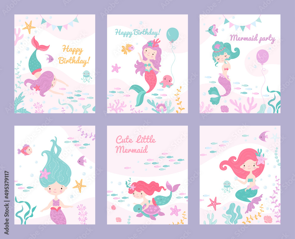 Mermaid invite cards. Children invitation, birthday party or postcards posters with mermaids and fish. Underwater tale characters on nowaday vector baby banners Mermaid invite cards. Children invitation, birthday party or postcards posters with mermaids and fish. Underwater tale characters on nowaday vector baby banners