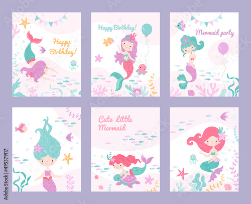 Mermaid invite cards. Children invitation, birthday party or postcards posters with mermaids and fish. Underwater tale characters on nowaday vector baby banners