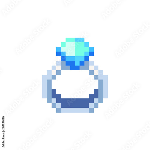 Ring with a precious stone. Logo for the jewelry store. Web site icon. Video game sprite. Pixel art style. Isolated vector illustration.
