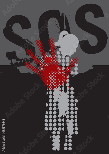 SOS call for help, woman, victim of violence and war. Grunge stylized silhuette of scared, depressed woman with hand in defensive position. Vector available.
