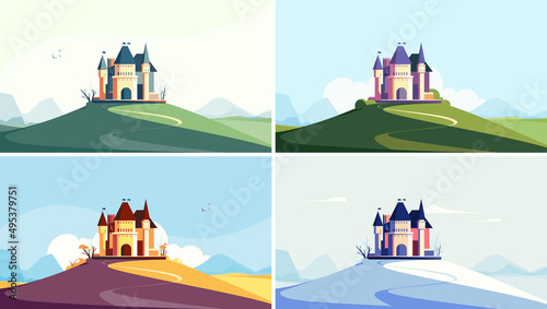 Castle on the hill at different times of the year. Beautiful nature landscapes.