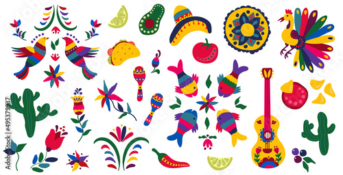 Set for the holiday Cinco de mayo. Hand-drawn flat style. White background, isolate. Vector illustration. 