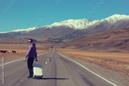 guy road suitcase mountains landscape, traveler, adventure freedom luggage, landscape tibet © kichigin19