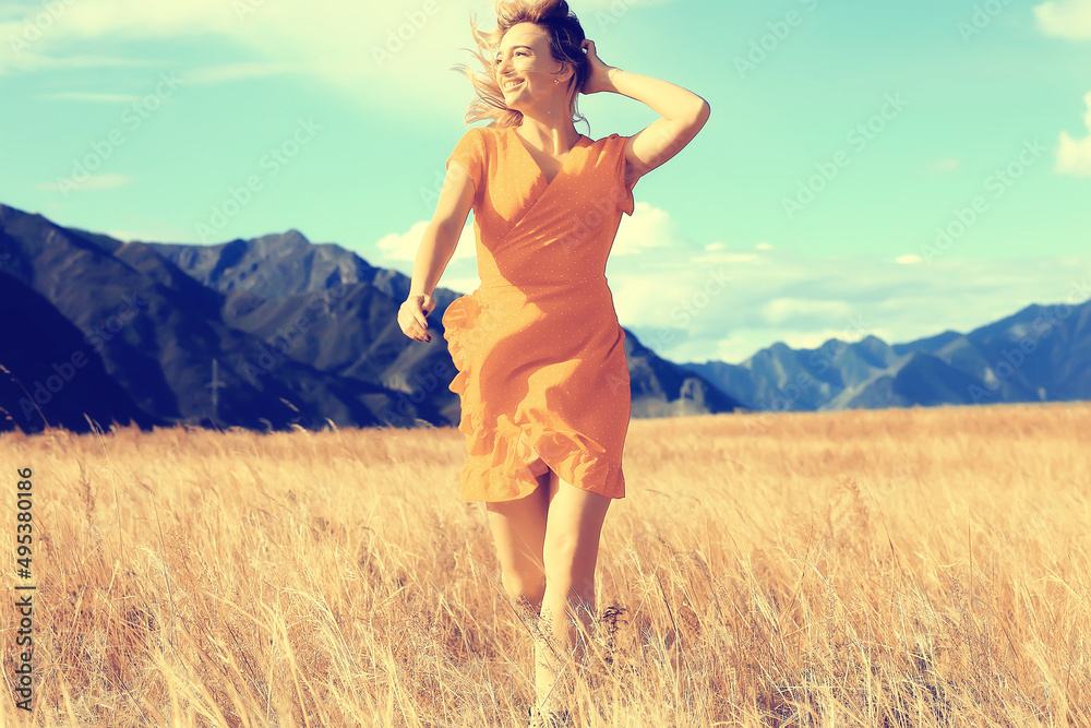 girl in the field mountains dress freedom, eco friendly, summer landscape active rest girl in the field mountains dress freedom, eco friendly, summer landscape active rest
