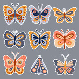 Butterfly stickers set. Drawn style. Vector illustration.
