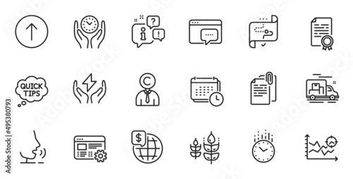 Outline set of Swipe up, Document attachment and Calendar line icons for web application. Talk, information, delivery truck outline icon. Include Target path, Safe time, Web settings icons. Vector