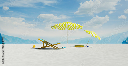 Three dimensional render of deck chair and beach umbrellas on deserted beach in summer photo