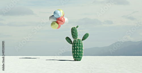 Three dimensional render of bunch of balloons tied to desert cactus photo