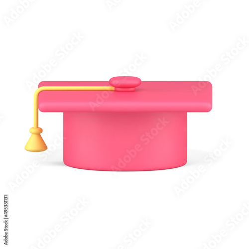 Pink graduation cap with yellow tassel 3d isometric vector realistic icon education academic hat