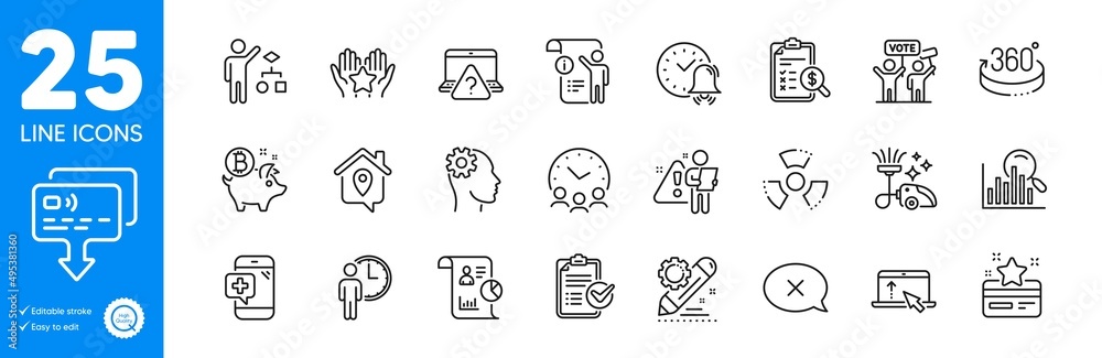 Outline icons set. Survey checklist, Card and Manual doc icons. Swipe up, Algorithm, Ranking web elements. Alarm bell, 360 degrees, Bitcoin coin signs. Work home, Vacuum cleaner. Vector Outline icons set. Survey checklist, Card and Manual doc icons. Swipe up, Algorithm, Ranking web elements. Alarm bell, 360 degrees, Bitcoin coin signs. Work home, Vacuum cleaner. Vector