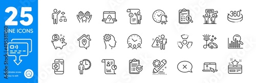 Outline icons set. Survey checklist, Card and Manual doc icons. Swipe up, Algorithm, Ranking web elements. Alarm bell, 360 degrees, Bitcoin coin signs. Work home, Vacuum cleaner. Vector