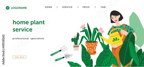 Girl with a watering can is watering flowers on the balcony isolated on white. Women's hobby. Balcony gardening. Concept of caring for plants in home. Vegetable garden in the city. Vector illustration