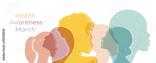 Awareness Month banner with colorful silhouette womans.