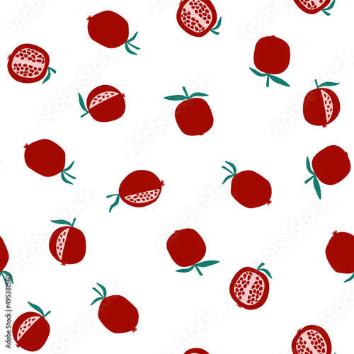 Vector seamless pattern with pomegranate fruits in cartoon flat style on white background. Fresh colorful fruit wallpaper for textile design, wrapping paper