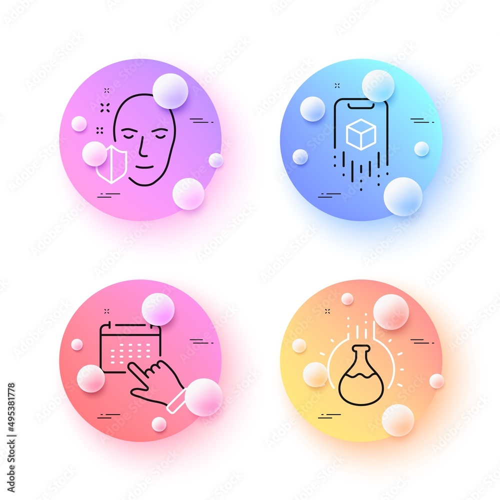 Augmented reality, Event click and Face protection minimal line icons. 3d spheres or balls buttons. Chemistry experiment icons. For web, application, printing. Vector Augmented reality, Event click and Face protection minimal line icons. 3d spheres or balls buttons. Chemistry experiment icons. For web, application, printing. Vector