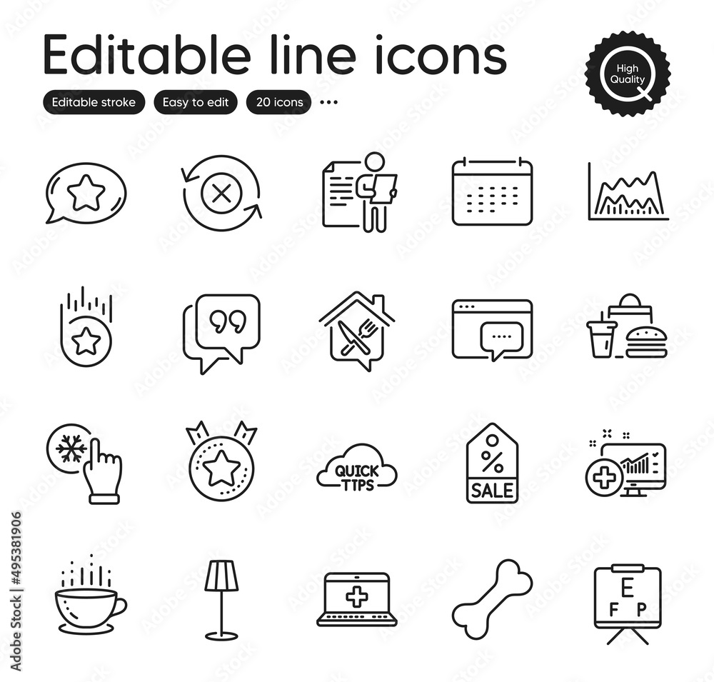 Set of Business outline icons. Contains icons as Medical help, Seo message and Calendar elements. Trade chart, Food delivery, Dog bone web signs. Sale coupon, Quick tips, Loyalty star elements. Vector Set of Business outline icons. Contains icons as Medical help, Seo message and Calendar elements. Trade chart, Food delivery, Dog bone web signs. Sale coupon, Quick tips, Loyalty star elements. Vector