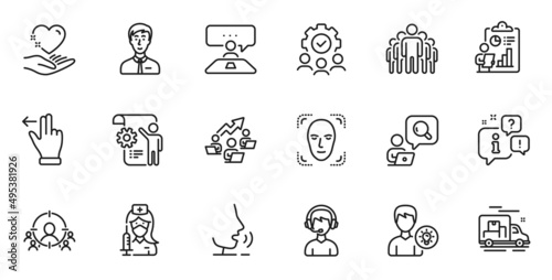 Outline set of Report  Touchscreen gesture and Face detection line icons for web application. Talk  information  delivery truck outline icon. Vector