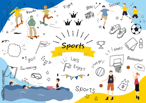 スポーツする人物と手描きアイコンセット1