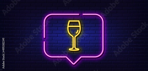 Neon light speech bubble. Wine glass line icon. Bordeaux glass sign. Neon light background. Wine glass glow line. Brick wall banner. Vector