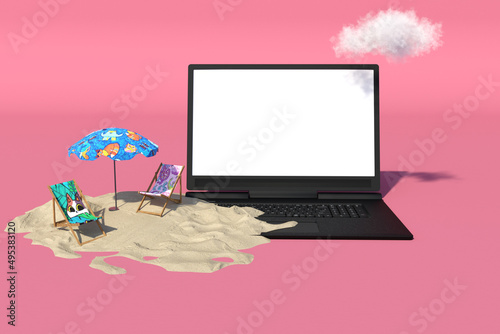 palma notebook Sofa and umbrella on sand beach with sea and sky background. summer vacation concept. survival 3d rendering photo