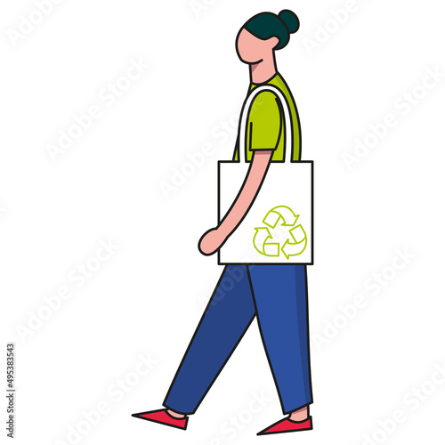 Grafika wektorowa, kobieta z eko torbą. Ochrona środowiska, ekologia, zero waste. 