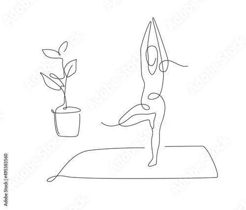 yoga asanas in one line style. Simple vector pilates illustration. tree pose yoga