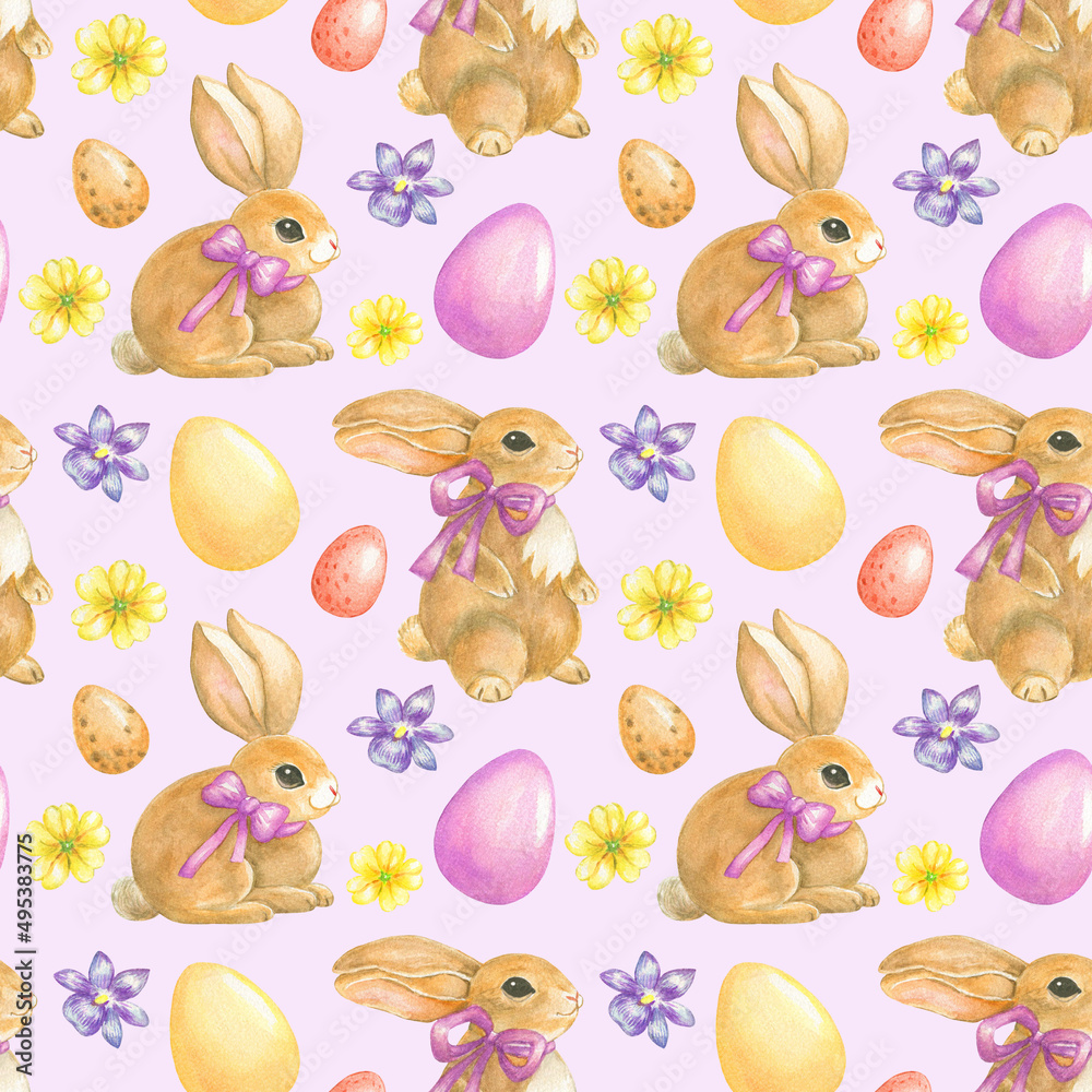 Watercolor seamless easter pattern with bunny,eggs and flowers isolated on violet background.For easter design and print. Watercolor seamless easter pattern with bunny,eggs and flowers isolated on violet background.For easter design and print.