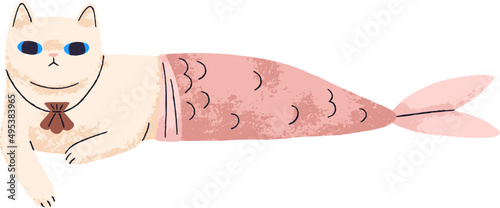 Funny Cat in Mermaid Halloween Costume Doodle Illustration
