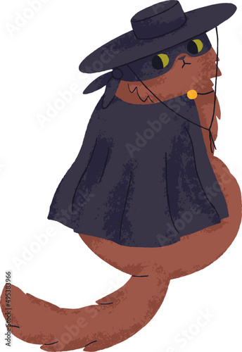 Funny Cat in Zorro Halloween Costume Doodle Illustration